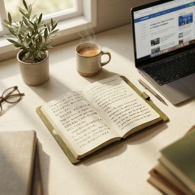 Escritorio con un cuaderno abierto, una taza de café y una laptop