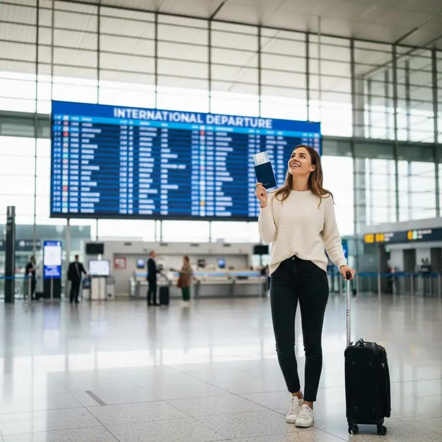 Viajera con pasaporte y valija frente a un tablero de partidas internacionales