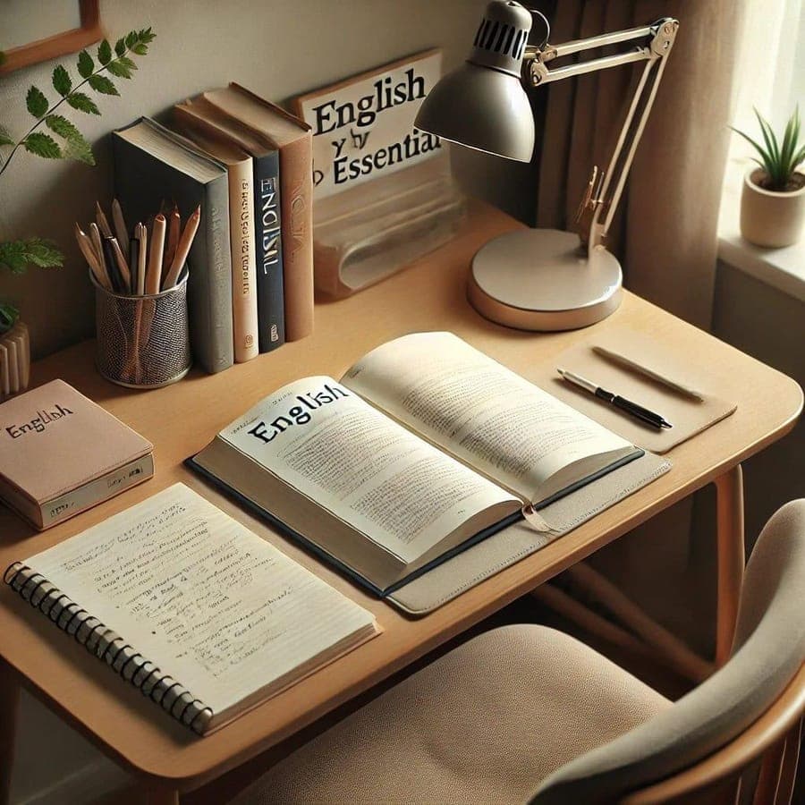 Escritorio de estudio con libros de inglés y un cuaderno