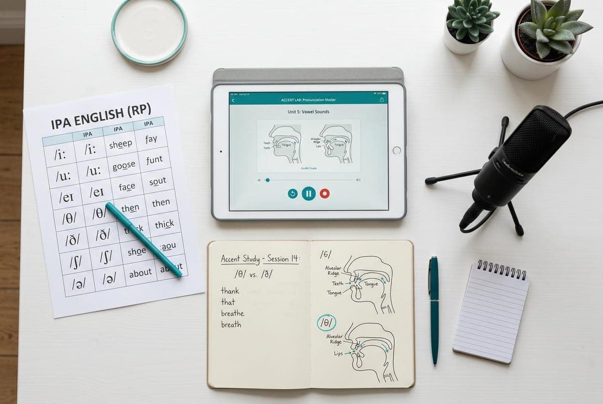 Tabla de fonética, tablet y cuaderno con diagramas de pronunciación